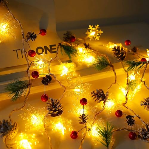 30 Led 10ft Christmas Garland Snowflake Lights, Pine Cones Red Berry Battery Operated Fairy String Lights 8 Lighting Modes with Timer Indoor Outdoor Tree Decor Fireplace Mantle Decorations Warm White