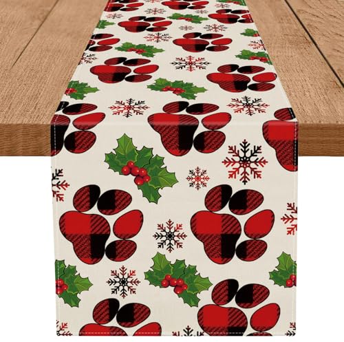 GPGHE 13'' x 72'' Christmas Dog Table Runner Plaid Holiday Kitchen Decor