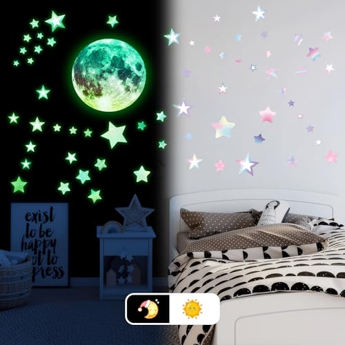 Glow in The Dark Stars for Ceiling, Holographic Colorful Moon Planet Wall Decals, Boys Girls Nursery Bedroom Wall Stickers