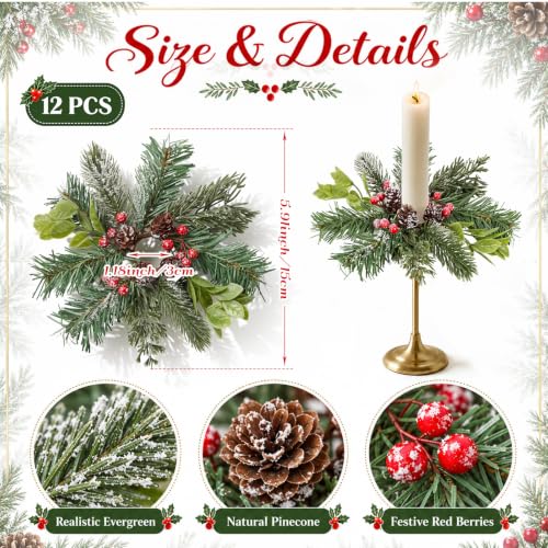 YLOLUL 12 Pcs Christmas Frosted Pine Candle Ring Wreaths Winter Decor
