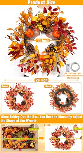 Large 26 Inch Fall Wreath with Lights & Timer for Front Door, Autumn Pumpkin & Eucalyptus Decor