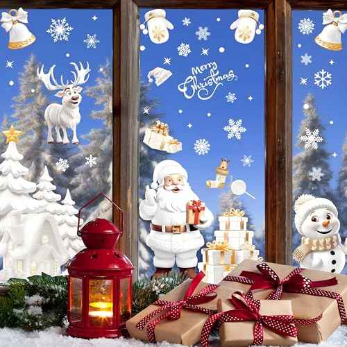 AhfuLife Christmas Window Clings, 190 PCS Large 3D Reusable Window Stickers for Glass, 9 Sheets Double Sided Santa Claus Snowman Snowflakes Reindeer Stickers for Party Decorations