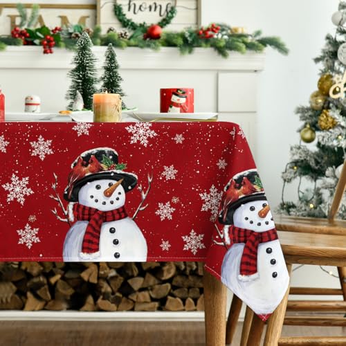 Horaldaily 60 x 84 Inch Christmas Tablecloth - Rectangular Snowman Red
