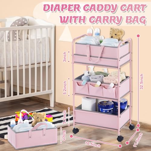 Pink 2-in-1 Baby Diaper Caddy Organizer Cart with Removable Baskets