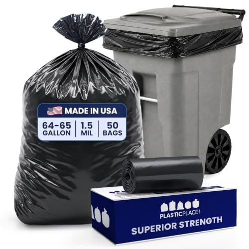 Heavy Duty Black Trash Bags 50 Count - 64-65 Gallon, Puncture Resistant, 1.5 Mil