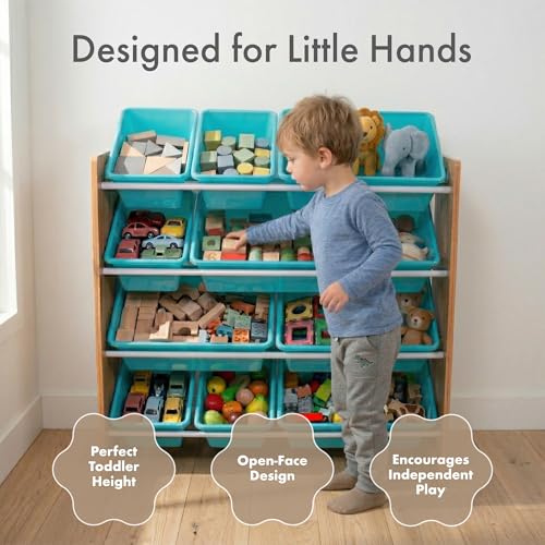 Kids Toy Organizer with 12 Bins - Tall Natural Wood & Aqua Storage Shelf