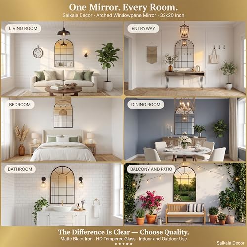 Black Arched Window Mirror 32x20 Inches - Farmhouse Wall Decor for Living Room & Entryway