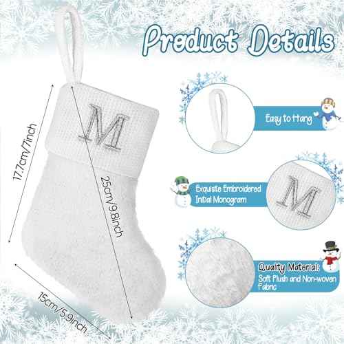 7 inches Initial Monogram Christmas Stocking White Personalized Christmas Stockings with Embroidered Letters Super Soft Initial Christmas Stocking for Xmas Holiday Christmas Tree Fireplace Decor(M)