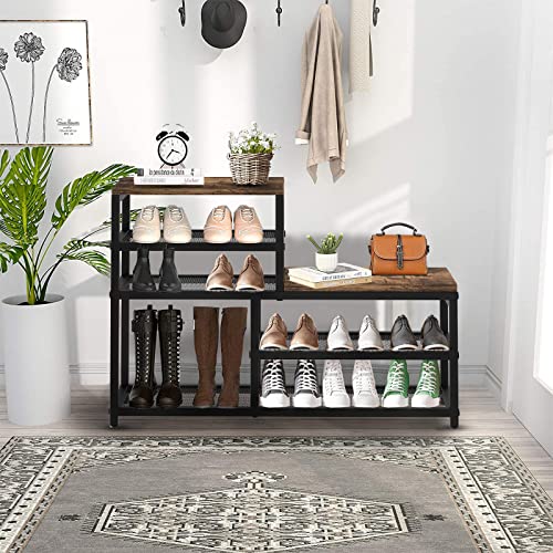 5-Tier Shoe Storage Bench with Seat - Industrial Brown Shoe Rack Organizer