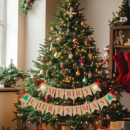PACETAP Merry Christmas Burlap Banner 10ft with Brown & Red Bow – Indoor Home Decor