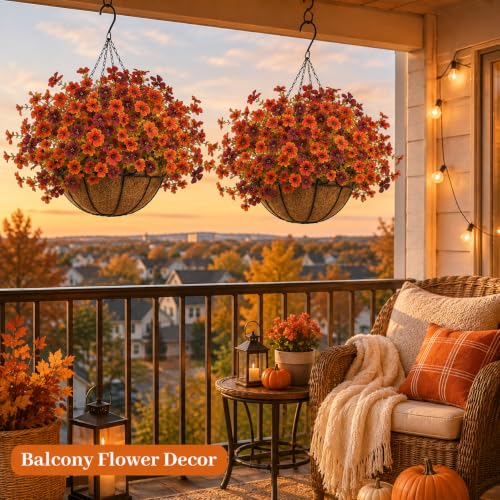 Artificial Fall Hanging Baskets Outdoor Set with Faux Flowers, 2 Pcs Orange Red