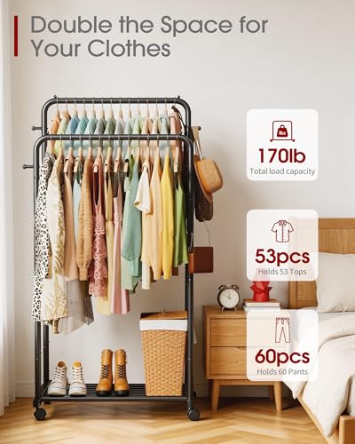 Large Black Double Rod Clothes Rack with Mesh Shelf & Hooks - 28.7 W x 16.5 D x 59.1 H