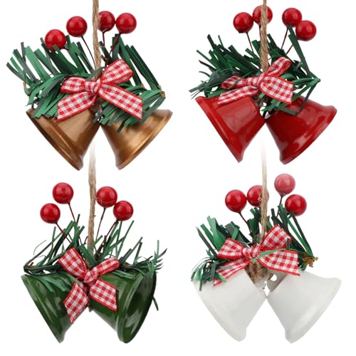 4 Pcs Christmas Tree Bells Ornaments - Red, Gold, White, Green Jingle Bells for Holiday Decor