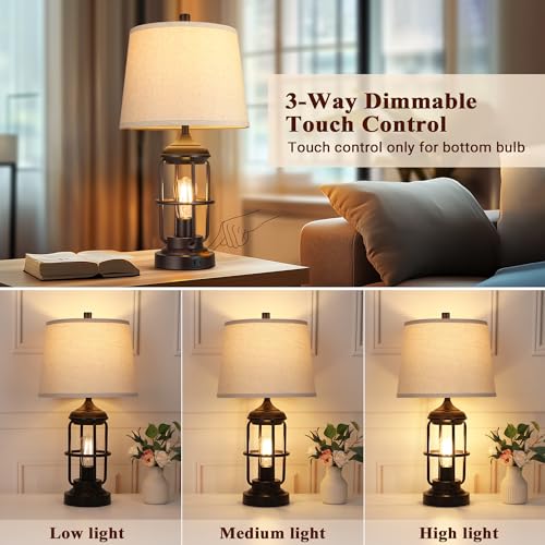 QiMH 23-Inch Set of 2 Farmhouse Industrial Nightstand Lamps with USB Ports, Oil Rubbed Bronze