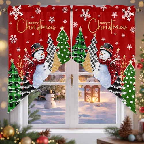 Red Green Snowman Christmas Window Valance 28x36in - 1 Pair Slim Scalloped Swag Curtains