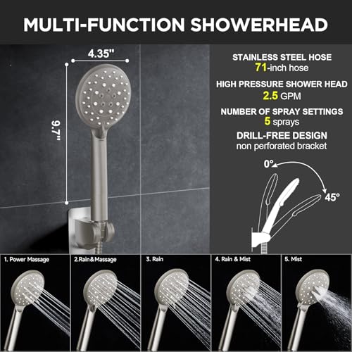 Veken 11.8-Inch Brushed Nickel Rainfall Shower Head with Handheld & Extension Arm - High Pressure