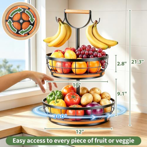 Rotating 2-Tier Fruit Basket with Wood Base and Banana Hooks - Space Saving Kitchen Organizer