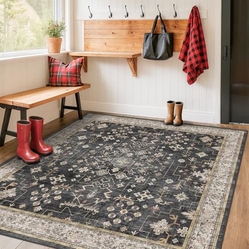 Ashen Multi 6x6 Square Washable Area Rug - Vintage Boho Floral Non-Slip Carpet for Living Room