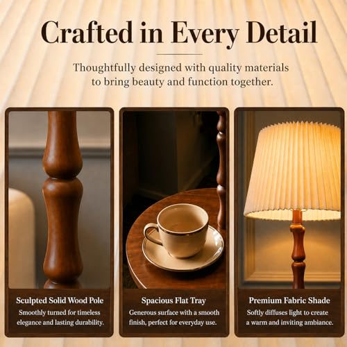 Wood Floor Lamp with Built-in Tray, Remote, Dimmable & 3 Color Temperatures - Light Walnut - Adjustable & Easy Setup