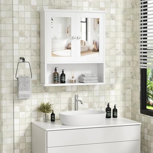 Shintenchi White Bathroom Medicine Cabinet with Mirror, Wall Mount, Adjustable Shelves