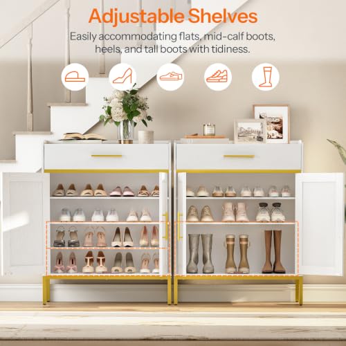 HOOBRO White & Gold 5-Tier Shoe Cabinet with Drawers - Large Wooden Entryway Organizer