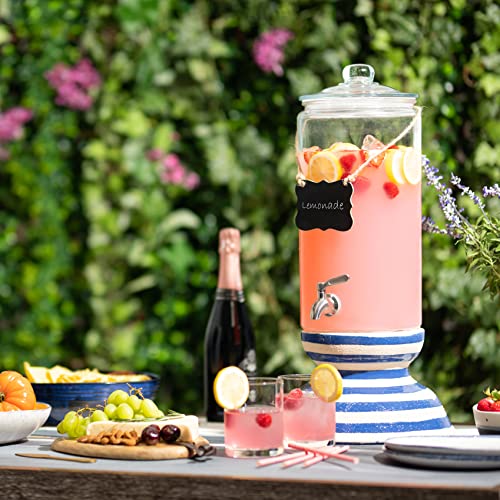 2 Gallon Glass Beverage Dispenser with Stainless Steel Spigot & Chalkboard Marker - Leakproof Drink Server for Parties & Home Use
