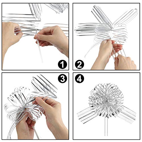 12 Pieces Large Pull Bow for Gift Wrapping Ribbon Pull Bows for Presents Wedding Baskets for Wrapping Boxes Flower Decorations(8 Inch,Silver)
