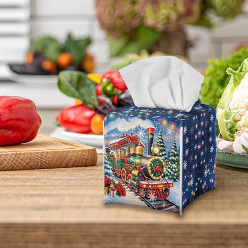 AFPANQZ Christmas Train Tissue Box Cover - Leather Desk Organizer for Bathroom & Office