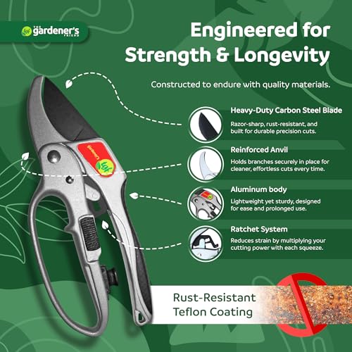 Heavy Duty Ratchet Pruning Shears - Anvil Garden Clippers for Branches & Stems