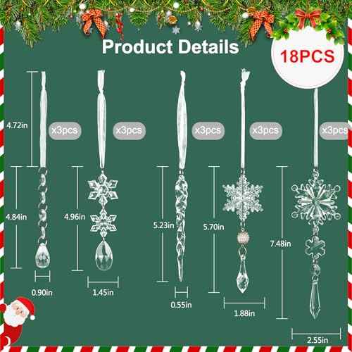 18PCS Crystal Christmas Ornaments for Tree Decorations Hanging Acrylic Christmas Snowflake Icicle Crystal Ornament for Xmas Tree, Winter Holiday Wonderland