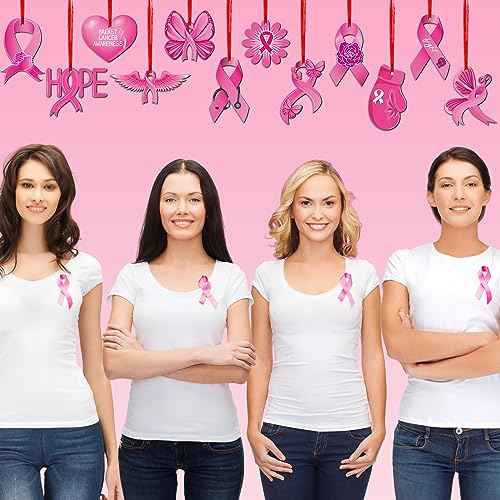 12 Pcs Christmas Hanging Ornaments for Tree Pink Ribbon Breast Cancer Awareness Sign Double Sided Wooden Pendants Christmas Ornaments for Xmas Tree Party Decor