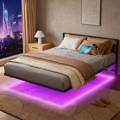 Queen Floating Bed Frame with Headboard, RGB LED Lights & USB Charging - 14 Inch