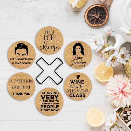 Funny Drink Coasters for SC Fans, 6 Pcs Coffee Coasters with Metal Holder, Fold in The Cheese TV Show Coasters, Cute Birthday Housewarming Gifts for Women Men Coworkers