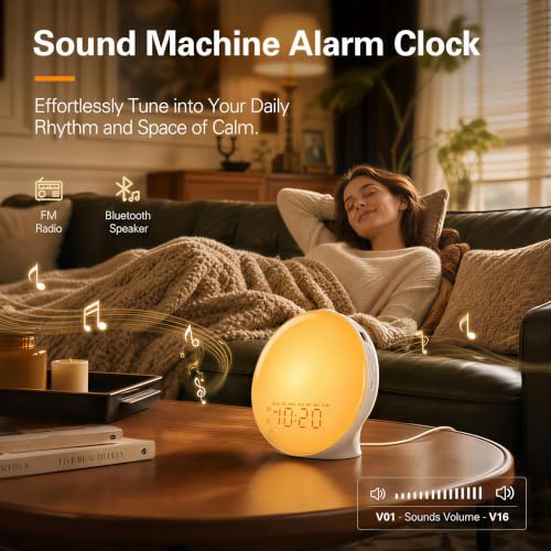 White Full-Screen Wake Up Light Sunrise Alarm Clock with 25 Sounds Bluetooth FM Radio
