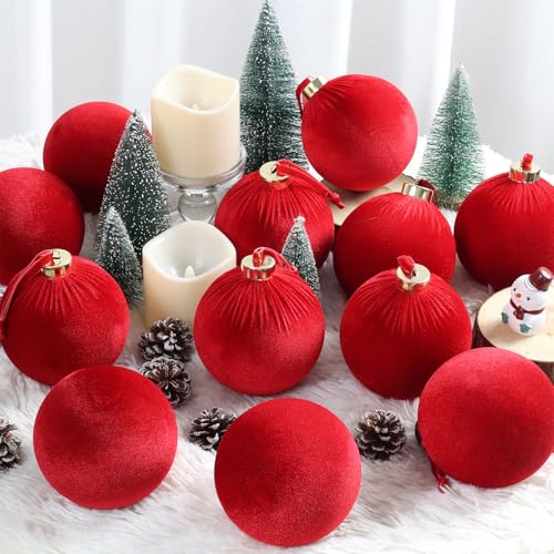 ZenNex 12-Pack Velvet Christmas Ornaments 4 Inch Red Flocked Shatterproof Holiday Decor