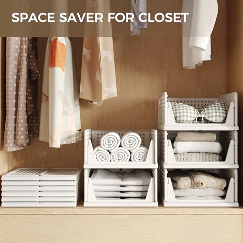 6 Pack Stackable Plastic Closet Organizer Bins - White, Large