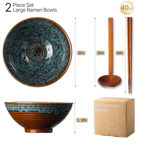 8 Inch Ceramic Ramen Bowl Set of 2 with Spoons & Chopsticks - Verdigris Green