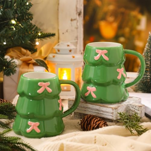 Didaey 18oz Christmas Tree Mugs Set – Green Ceramic Coffee Cups with Pink Bows