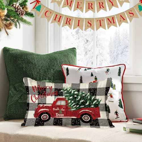 RABUSOFA Christmas Pillow Covers 12x20 Black and White Buffalo Plaid Red Truck Christmas Decorations Winter Decorative Throw Pillow Cases Farmhouse Holiday Xmas Lumbar Cushion Covers for Couch