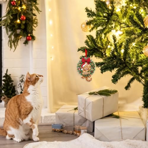 WaaHome Cat-5 Orange Tabby Christmas Ornament with Santa Hat – Lightweight Acrylic Gift for Cat Lovers
