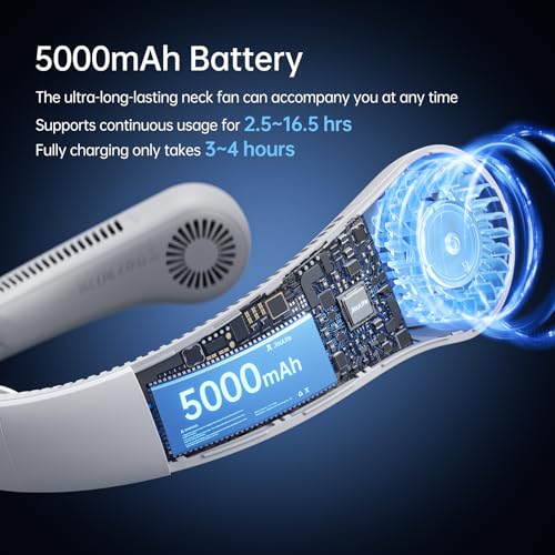 Portable Neck Fan 5-Speed with 5000mAh Battery - Foggy Grey, Hands-Free