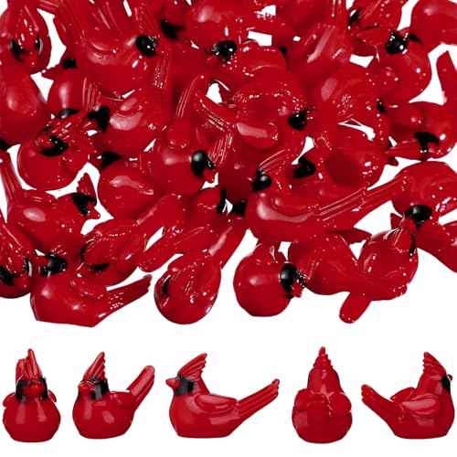 50 Pcs Christmas Mini Resin Red Cardinal Bird Figurines Tiny Cardinal Figurine Decor Small Christmas Ornaments for Gift Xmas Miniature Garden Crafts Cake Topper Decoration