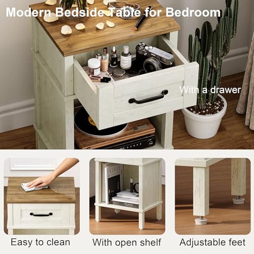 White Farmhouse Nightstand with Drawer - Rustic Small Bedside Table - White & Rustic Brown
