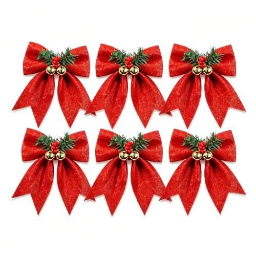 Christmas Glitter Bows with Jingle Bells & Pine Needles - Set of 6 Red Holiday Decorations