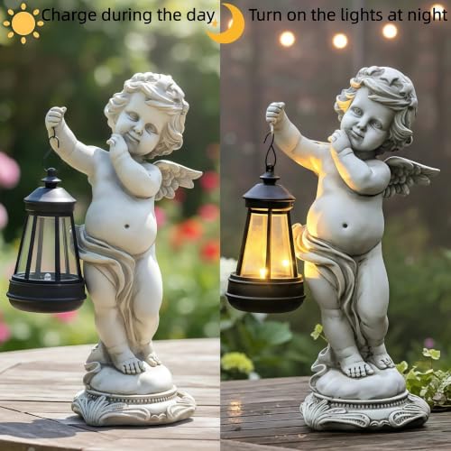 Solar Angel Garden Statue with Lantern Outdoor Decor, 11.22 inch Waterproof Resin