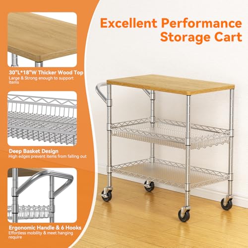 Heavy Duty 3-Tier Rolling Utility Cart with Wooden Top - Chrome & Wood Variation
