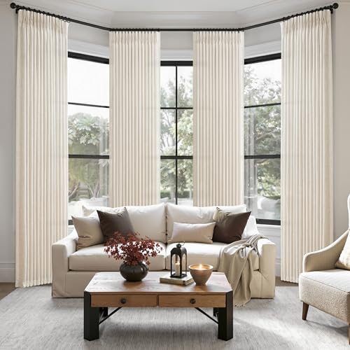 Birch Linen Pleated Curtain Set - 4 Panels, 40"W x 96"L, Ivory Cream, Light Filtering, Memory Shape - LuxuNap