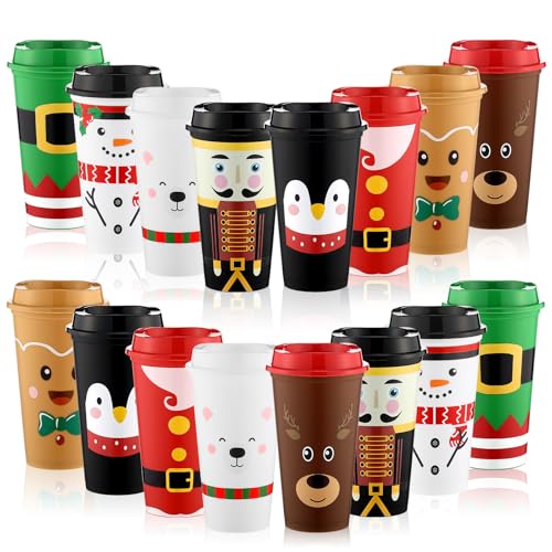 SiliFine 16 Pcs Christmas Coffee Cups with Lids 16 oz - Reusable Travel Mugs (Christmas)