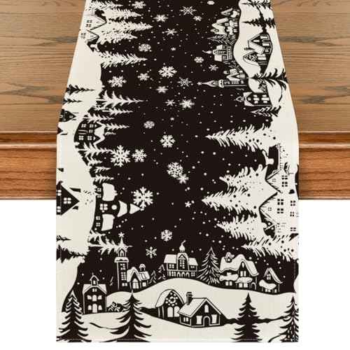 Artoid Mode Igloo Pine Snowflake Silhouette Christmas Table Runner, Black Seasonal Winter Kitchen Dining Table Decor for Home Party 13x72 Inch