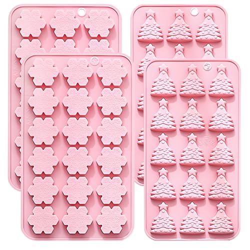 Pink Christmas Silicone Candy Molds 4-Pack Snowflake & Tree Design QY250